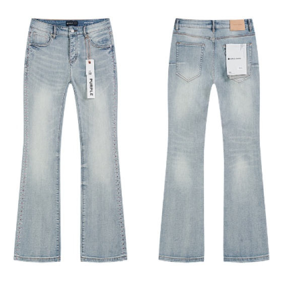 Light Blue Washed Flared Denim Jeans with Rhinestone Studded Trim Along Seams